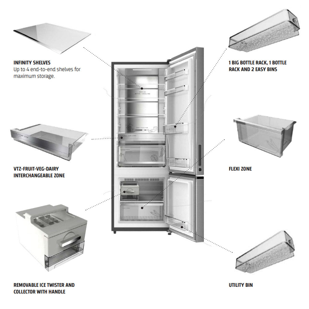 313L Bottom Mount Fridge/Freezer In Black Stainless Steel (Carton Damaged)